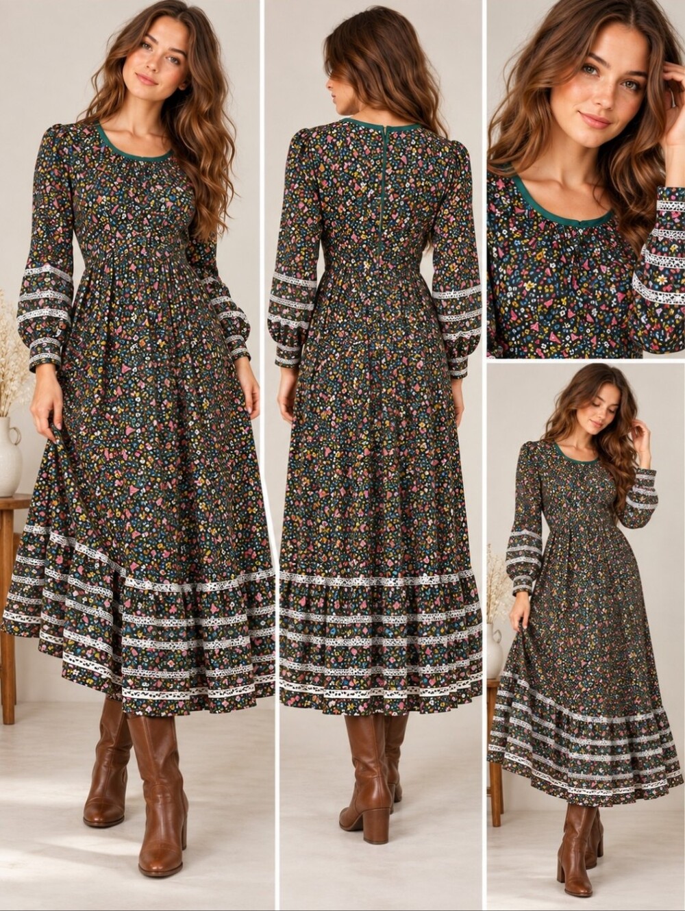 Vintage 1970s Kay Stone Original Prairie Maxi Dress Black Floral Lace Trim Boho